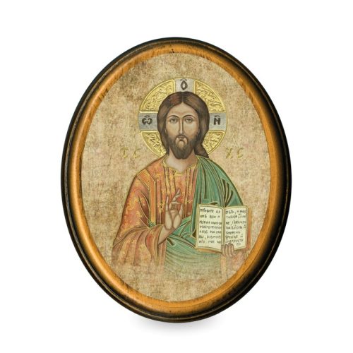 Antik hatású ovális faplakett Krisztus a Mester
