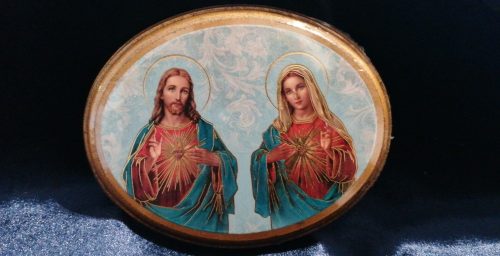 Antik hatású ovális faplakett Jézus szíve-Mária szíve