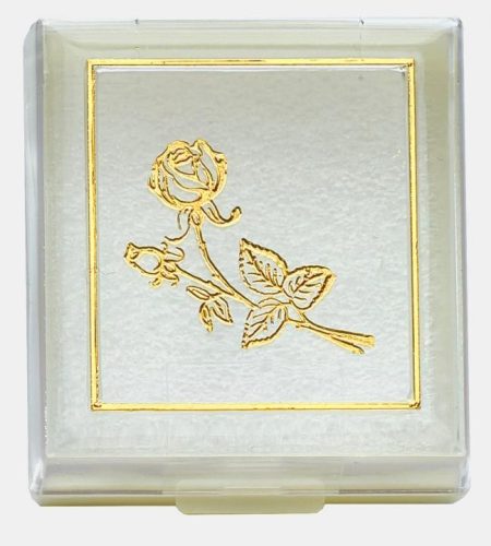 Műanyag rózsafüzértartó, arany színű rózsa díszítéssel